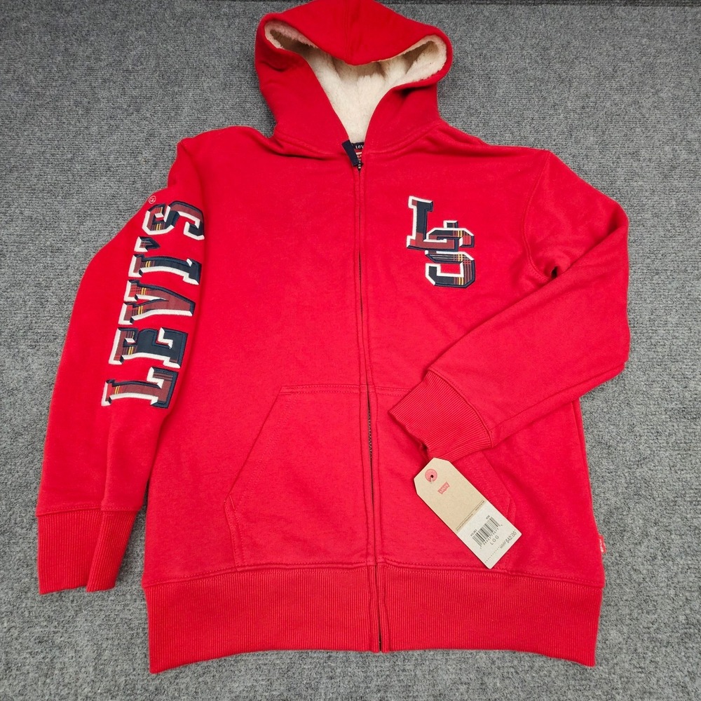 Levis Boys Zip Hoodie Sherpa Lined Varsity Logo Fleece Jacket Red Medium 10-12Y